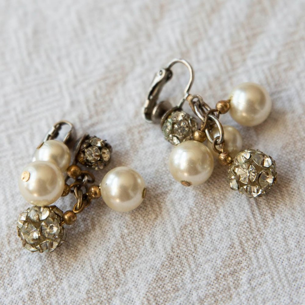 Antique Vintage Pearl and Rhinestone Clip-on Earrings